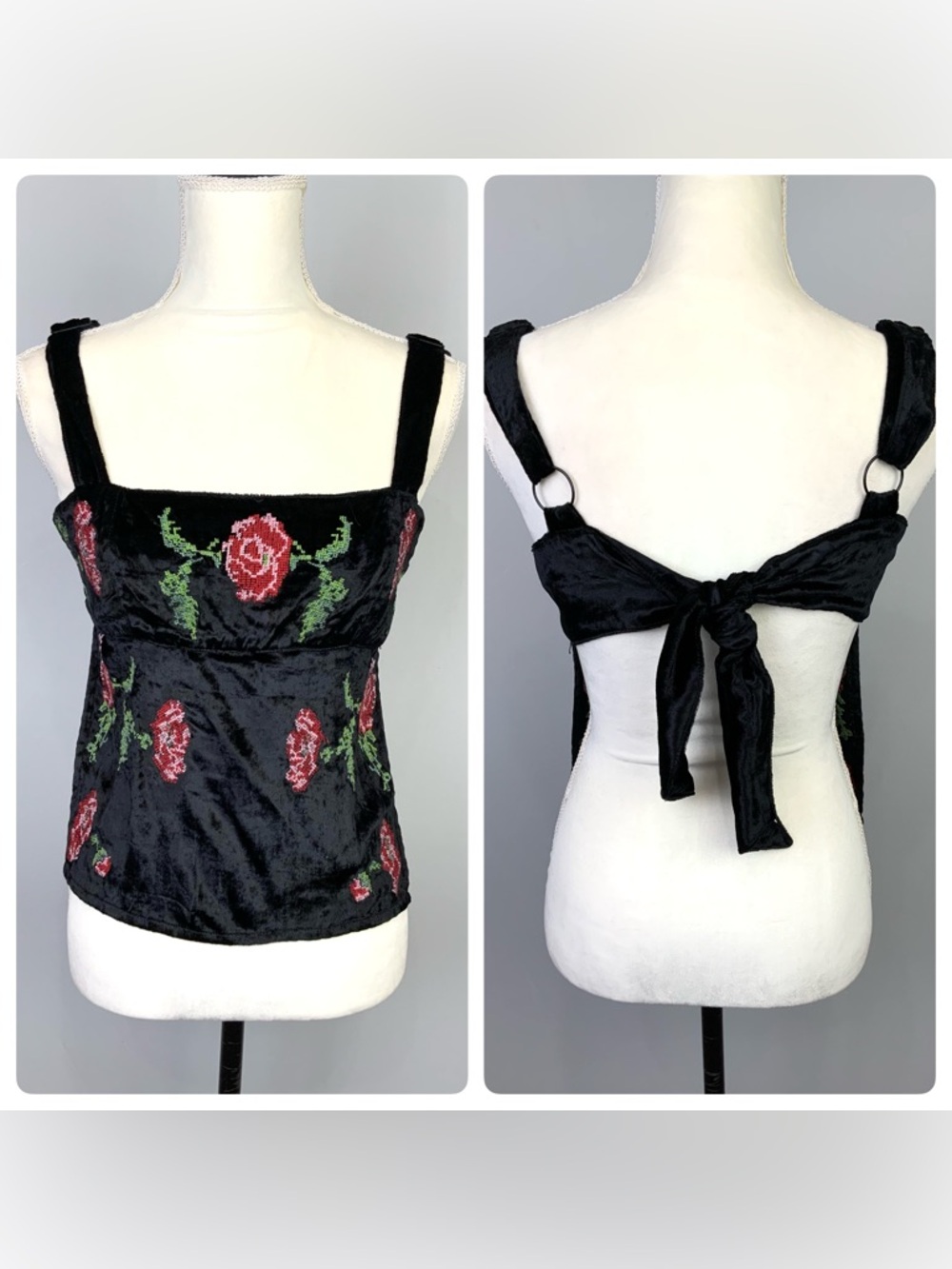 Urban Outfitters Kimchi Blue Medium Jana Velvet Embroidered Roses Open Back Top